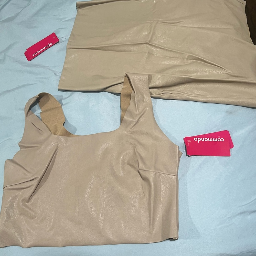 Commando Women's Beige Crop Top and skirt leather  Set